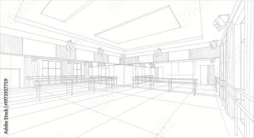 Architectural Wireframe Drawing of an Empty Interior Space.