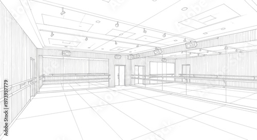Architectural wireframe drawing of an empty modern interior space.