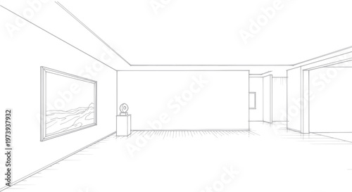 Art Gallery Interior Sketch with Painting and Pedestal.