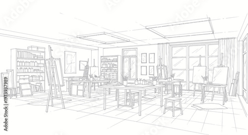 Art studio interior with easels and painting supplies.