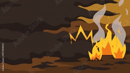 Stylized wildfire with bold flames and smoke in flat graphic illustration with copy space, climate disaster concept