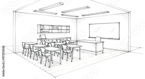 Classroom interior sketch with desks chairs and whiteboard.