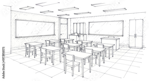 Classroom interior with desks chairs and whiteboards sketch.