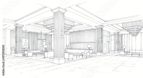 Detailed Architectural Sketch of a Grand Interior Lobby with Columns.