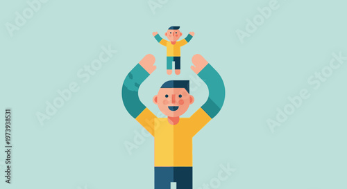 Man holding child on shoulders happy.
