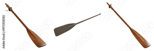 Canvas Print Antique Wooden Boat Oars and Canoe Paddles Set Isolated on White Background - Pr