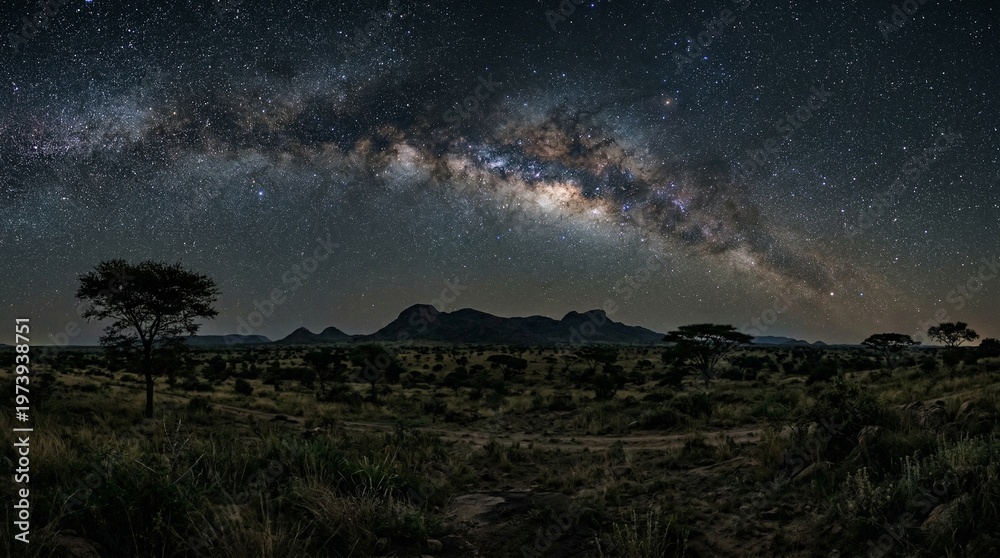 Fototapeta premium Night View of Milky Way Galaxy over Mountainous Landscape with Trees