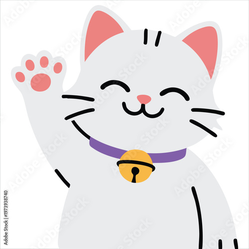 Hand Rendered Graphic of Lucky Charm Cat with Raised Paw for Prosperity Symbols