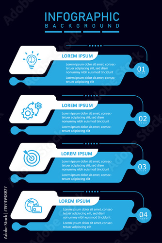 Infographic 4 steps modern vertical template timeline diagram | Blue futuristic diagram on dark background business progress presentation