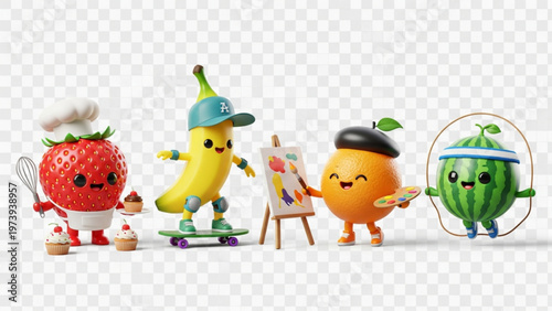 Cute 3D Cartoon Fruit Characters Set Baking Skating Painting and Fitness