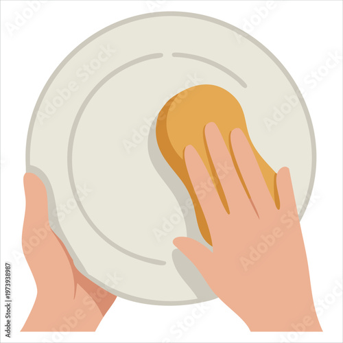 Kitchen Maintenance Scene Depicting Manual Dish Cleaning Using Soapy Sponge Tool