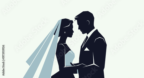Silhouette of wedding couple holding hands.