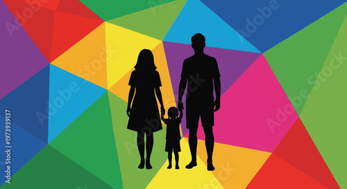 Silhouette of family with child standing.
