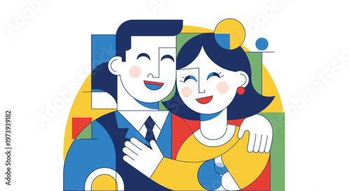 Smiling couple in happy embrace together.