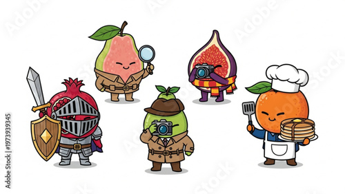Cute Fruit Characters in Costumes Knight Detective Chef and Photographer