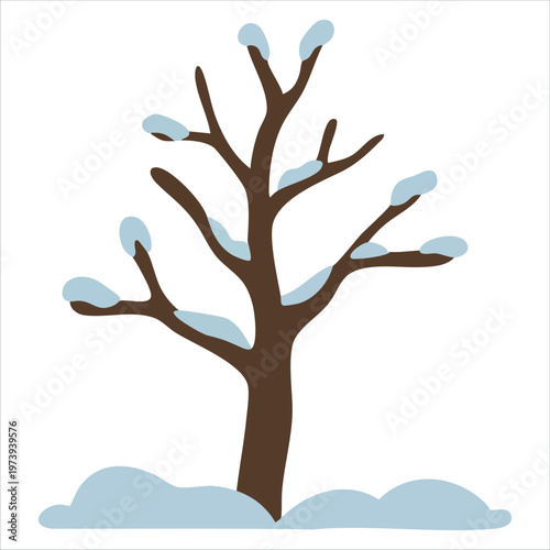 Bare Branched Tree Adorned with White Precipitation and Falling Snowflakes Winter Scene