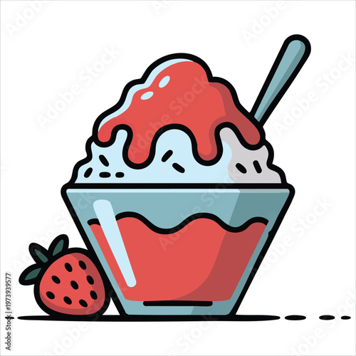 Refreshing Shaved Ice Treat Topped with Sweet Strawberry Flavor in Tall Glass Container