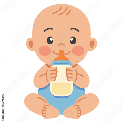 Simple Vector Graphic of Young Child Accompanied by Feeding Bottle for Baby Related Themes