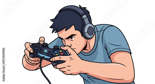 Man with headphones playing video game with controller