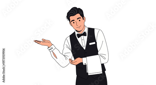 A smiling waiter welcomes you with open hands.