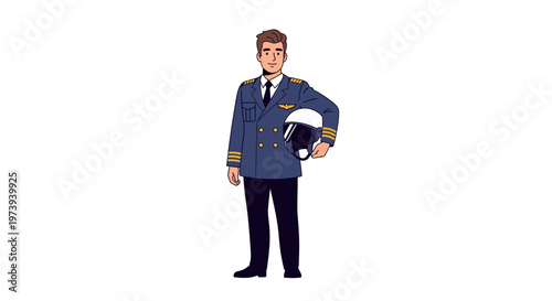 Smiling male pilot in uniform holding helmet.