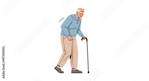 Elderly senior man walking with a cane isolated on white background