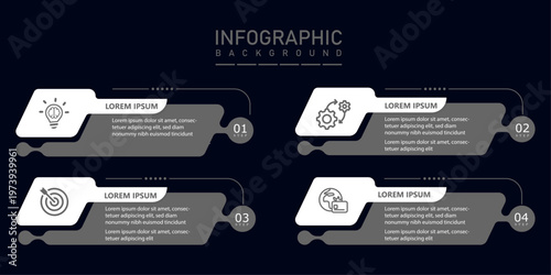 Business process infographic with horizontal flow and clear 4 steps grey diagram | Abstract timeline presentation template with icons for corporate workflow and strategic planning visuals