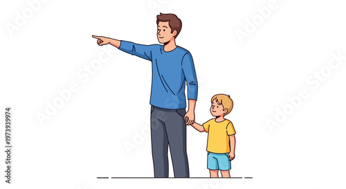 Father and son pointing into the distance together