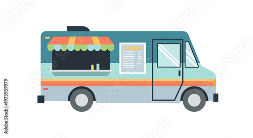 Colorful food truck illustration in flat design style on white background