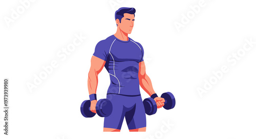 Muscular man lifting dumbbells for fitness training isolated on white background.