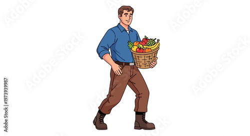 A farmer walking while carrying a basket full of fresh organic fruits