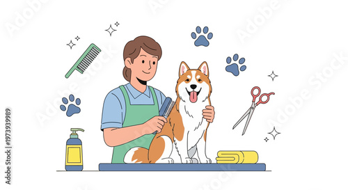 Amidst floating paw prints, a smiling groomer tends to a happy dog with a comb in this bright, flat-style vector illustration about pet care and National Pet Day, set against a clean white
