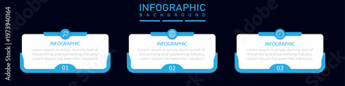 Infographic timeline template with minimal rectangle diagram | 3 steps business process representation chart with blue border combined with icons | Modern organization annual visual report diagram