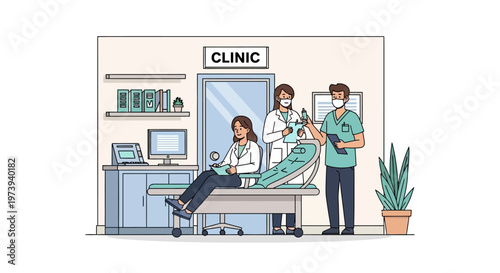 Line art depicts a veterinary clinic scene with two masked doctors and a patient, illustrated in a clean, modern vector style with a focus on pet care and animal well-being against a white
