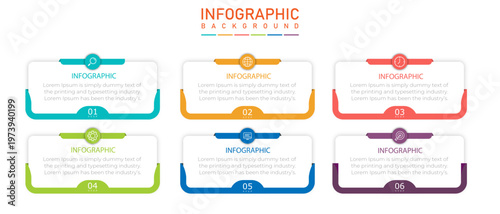 Infographic timeline template with clean rectangle diagram | 6 steps business process representation chart styled with half side border alongside icons | Modern organization annual report diagram