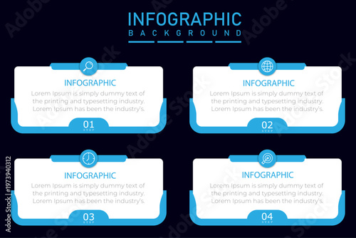 Infographic timeline template featuring rectangle diagram structure | Four steps business process representation chart enhanced with blue border and icon visuals | Modern organization annual 