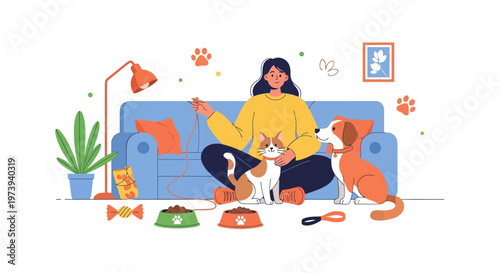 A cheerful woman sitting cross-legged on a sofa with a cat and a dog, depicted in a bright and colorful flat vector illustration style, surrounded by pet food bowls and toys against a clean