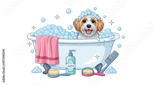 Cartoon illustration of a happy puppy enjoying a bubble bath in a vintage tub, complete with shampoo, brush, and soap, set against a clean white background with soft, cheerful colors