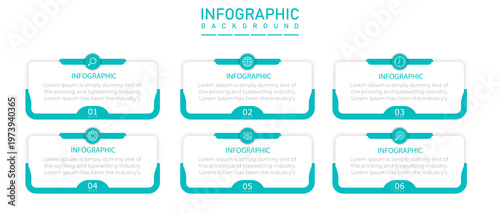 Infographic timeline template with rectangle diagram | 6 steps business process representation chart featuring teal half side border with icon elements | Modern organization annual report diagram