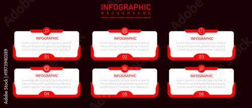 Infographic timeline template with rectangle diagram | 6 steps business strategy representation chart featuring red half side border with icon elements | Modern organization annual report diagram