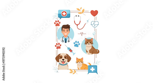 A colorful vector illustration celebrates National Pet Day, displaying icons of veterinary care and animal adoption, featuring a smiling cartoon vet, playful dogs and cats, set