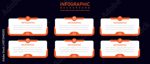 Infographic timeline template using rectangle diagram layout | 6 steps business process representation chart designed with orange half side border including icons | Modern organization annual report 