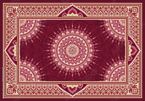 Elegant red and gold mandala damask pattern with intricate floral ornament and decorative border, ideal for luxury textile and wallpaper design.