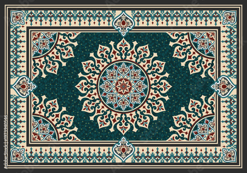 Vintage floral mandala damask pattern in teal and red with ornate details and decorative border, perfect for textile, wallpaper, and luxury design.