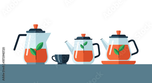 This flat-style vector illustration features three glass teapots filled with orange tea and green leaves, along with a small dark teacup.