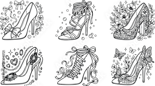Elegant coloring book page featuring six detailed high heel shoes adorned with bows flowers butterflies and jewels intricate lace patterns and decorative elements in line art style vector illustration