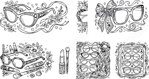 Intricate coloring book page set with detailed decorative glasses and accessories including ribbons flowers lipstick brush floral scarf and ornamental frames for creative adult art therapy activity