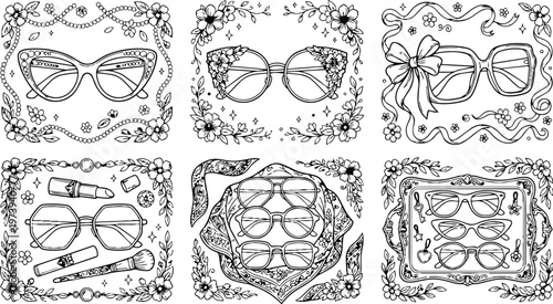 Black and white coloring book page with six different stylish eyeglasses floral frames makeup items scarf ribbons detailed line art for creative coloring fun and relaxing artistic