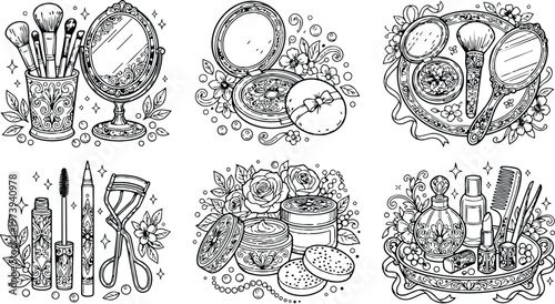 Intricate black and white coloring book page with detailed vintage makeup brushes mirror compact powder floral patterns and elegant cosmetic accessories vector art illustration