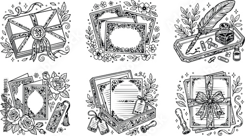 Intricate coloring book page set showing vintage letters sealed with wax ribbon floral frames and quill pen ink bottle in black and white line art style detailed drawing for adults and children
